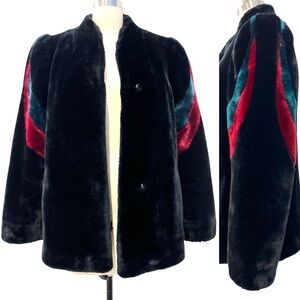 Vintage Faux Fur Coat Jacket Sasson New York Paris Sz XS S Black 80s w Stripes